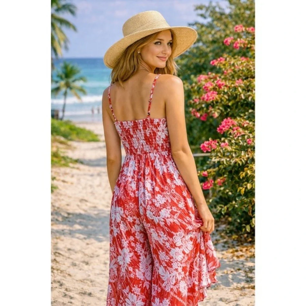 Angie Floral Print Jumpsuit Wide Leg Ruffled Smocked‎ Red White Size S